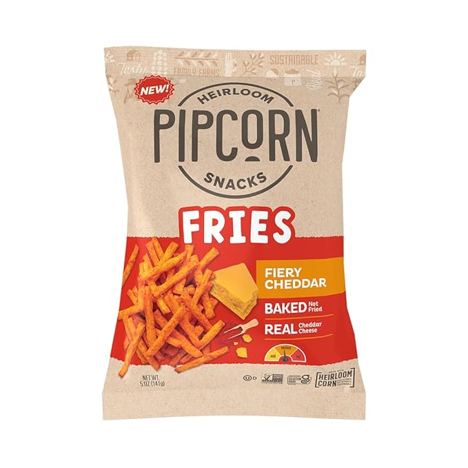 Heirloom Baked Fiery Cheddar Fries by Pipcorn - 1oz 24pk - Healthy Snacks, Gluten Free Snacks, Non-GMO, Upcycled Heirloom Corn Flour, Vegan
