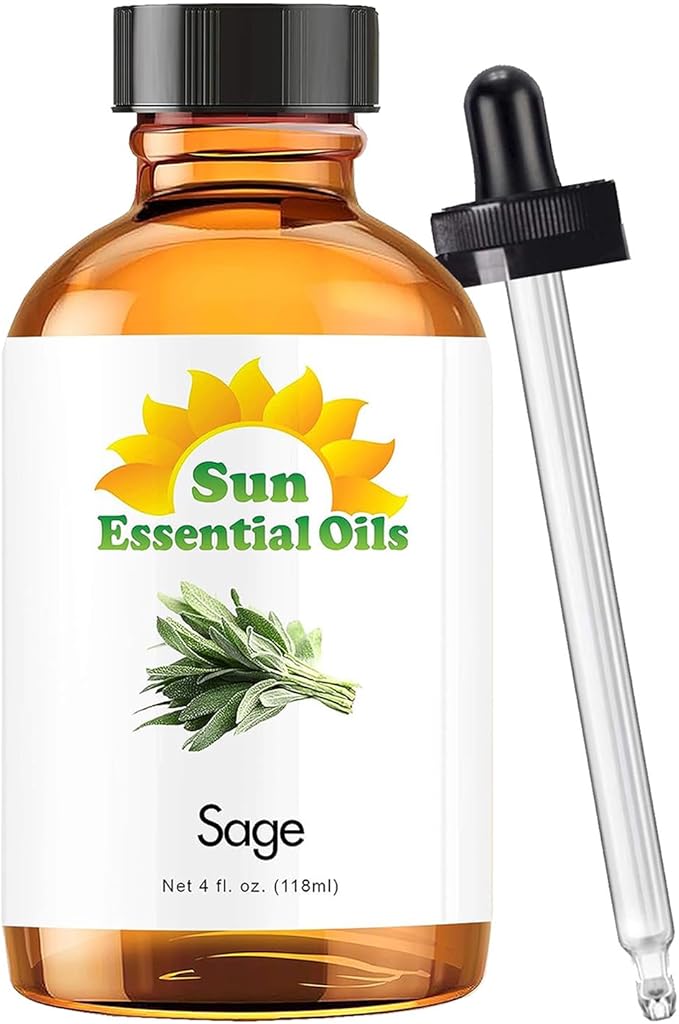 Sun Essential Oils ??Sage Essential Oil 4 oz with Dropper for Diffuser, Skin, Aromatherapy Massage, Humidifier, Herbaceous Scent for Candle, Lotion & Soap Making, Room Fragrance