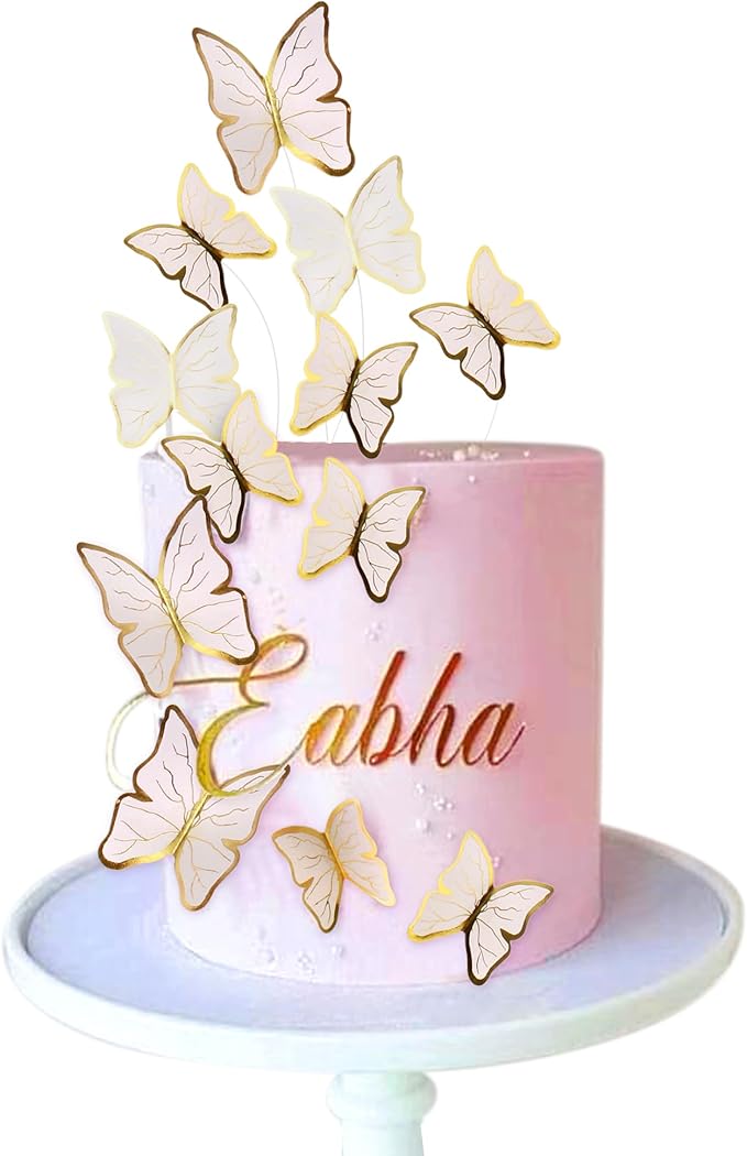 30pcs White Gold Edge Mixed Size Lively 3D Waterproof Butterfly Cupcake Topper for Girls Women's Happy Birthday Wedding Party Cake Wall Party Food Decorations
