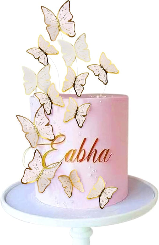 30pcs White Gold Edge Mixed Size Lively 3D Waterproof Butterfly Cupcake Topper for Girls Women's Happy Birthday Wedding Party Cake Wall Party Food Decorations