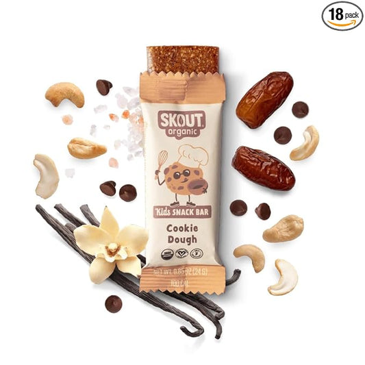 Skout Organic Cookie Dough Kids Snack Bars (18 Pack) | Organic Kids Snack Bars | School Snacks & Lunch Snacks | Vegan & Paleo | Gluten, Dairy, Grain, Peanut Free