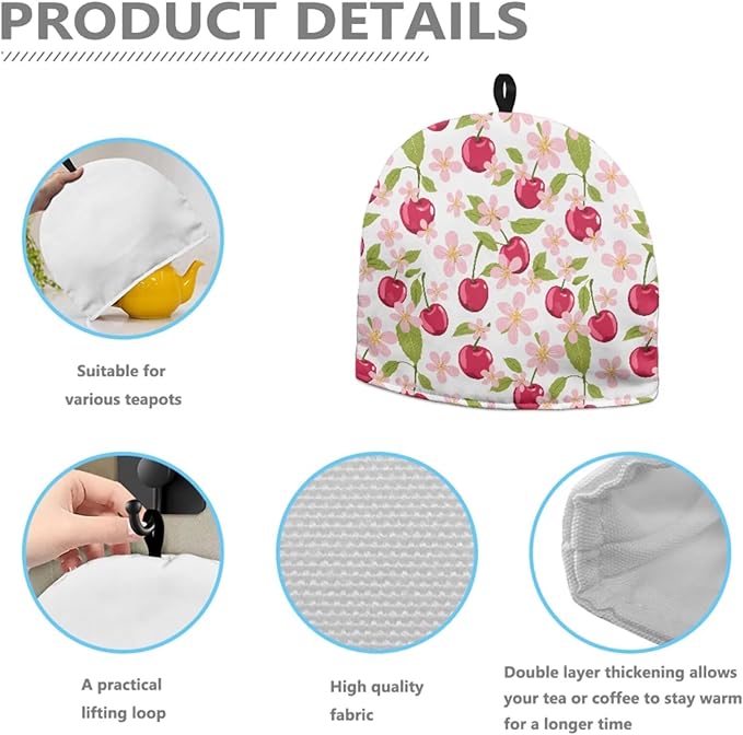 Large Tea Cozy for Teapot Red Cherry Print Extra Thick Tea Pot Cover Home Kitchen Decoration Insulated Teapot Cozy Dust Kitchen Accessories for Home Daily