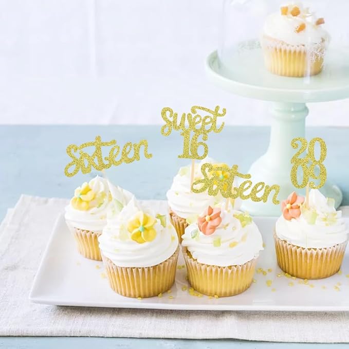 24 Pcs Sweet 16 Gold Glitter Birthday Cupcake Toppers for 16th Birthday Celebrating Party Decorations (Gold)