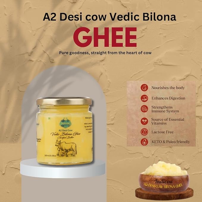 Indicow A2 Desi Cow Ghee| (180ml (6.08oz), A2 Cow Ghee (Sahiwal Cows)) | Grass Fed, Pasture Raised Clarified Butter Fat, Keto, Paleo, Lactose Free, Casein Free, Non-GMO | a2 ghee organic grass fed