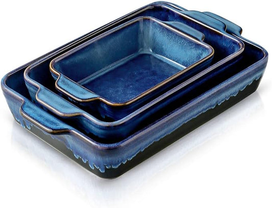 KOOV Bakeware Set, Ceramic Baking Dish Set, Rectangular Casserole Dish Set, lasagna Pan, Baking Pans Set for Cooking, Cake Dinner, Kitchen, 9 x 13 Inches, Reactive Glaze 3-Piece (Nebula Blue)