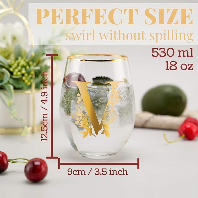 Onebttl Unique Stemless Wine Glasses, Initial Wine Cup for Red or White Wine - 18oz, Monogrammed, Gold - for Women, Girls, Female, Her, Friends, Coworkers, Clients - for Birthday, Christmas