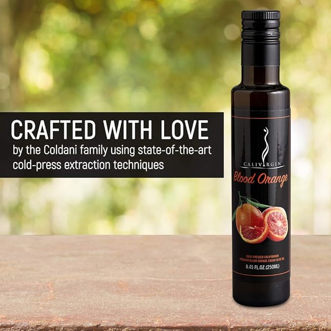 Calivirgin Blood Orange Olive Oil - Blood Orange Infused Extra Virgin Olive Oil - Cold Pressed Olive Oil - Blood Orange Flavored Olive Oil - No Preservatives, Organically Grown Olives - 250ml