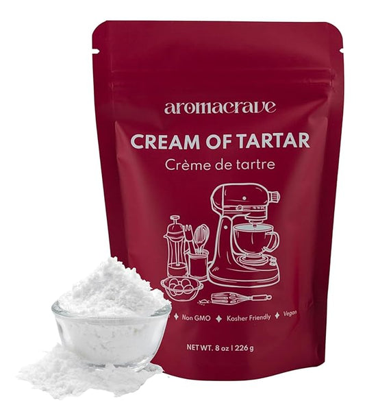 AROMACRAVE Cream of Tartar Powder, High-Purity Potassium Bitartrate for Baking & Cooking, Stabilizes Egg Whites, Prevents Sugar Crystallization, Leavening Agent for Fluffy Baked Goods (8 Ounce)