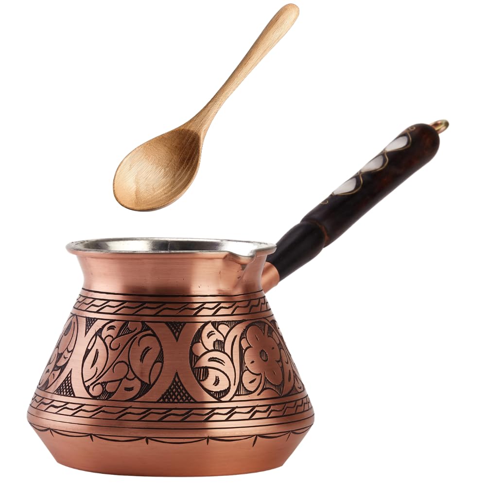 DEMMEX Copper Turkish Coffee Pot Cezve Ibrik Greek Coffee Briki Stovetop Coffee Maker with Wooden