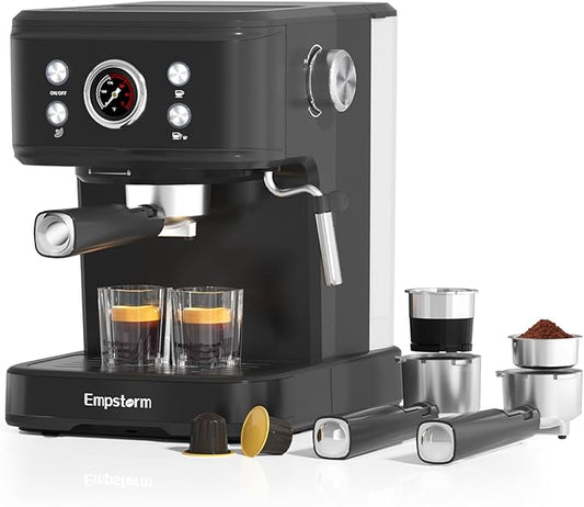 Black Espresso Machine with Milk Frother, Cappuccino Machines for Home, Coffee Espresso Machine Suitable for Coffee Powder/NS Original Capsules, Espresso Maker with Thermometer