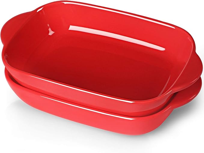 LEETOYI Ceramic Small Baking Dish, Porcelain 2-Piece Rectangular Bakeware with Double Handle, Baking Pans for Cooking and Cake Dinner 7.5"×5 (Red)