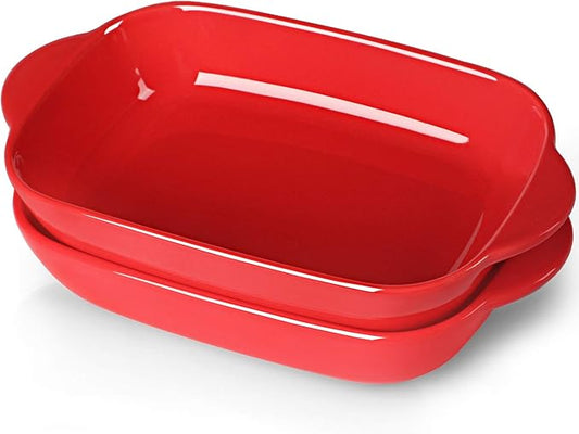 LEETOYI Ceramic Small Baking Dish, Porcelain 2-Piece Rectangular Bakeware with Double Handle, Baking Pans for Cooking and Cake Dinner 7.5"×5 (Red)