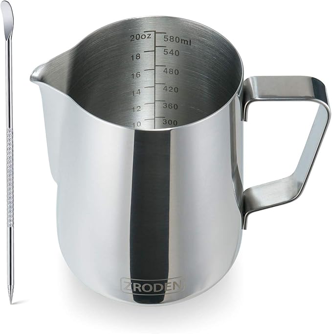 Milk Frothing Pitcher, Thicker Version 20oz Espresso Steaming Pitchers Stainless Steel Cappuccino Coffee Machine Accessories Barista Tools Steamer Pitchers Milk Jug Cup with Decorating Pen Latte Art