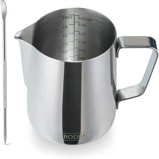 Milk Frothing Pitcher, Thicker Version 20oz Espresso Steaming Pitchers Stainless Steel Cappuccino Coffee Machine Accessories Barista Tools Steamer Pitchers Milk Jug Cup with Decorating Pen Latte Art