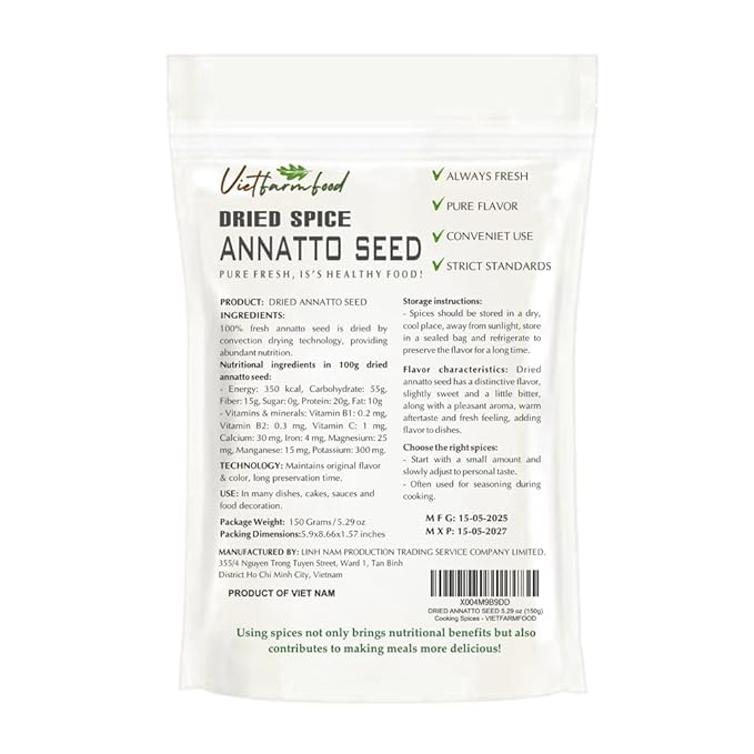 ANNATTO SEED 5.29 Oz (150g) VIETFARMFOOD: Natural pure, convection dried seasoning made from real vegetables - perfect for adding flavor to any meal, from cooking, baking, salads, soups, sauces