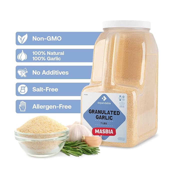 Dependable Food Granulated Garlic Seasoning - 7 Lb. Jar - Bulk Size - Kosher, 100% Natural Garlic Powder Spice - Convenient and Versatile Garlic Seasoning for Chefs and Culinary Enthusiasts - Non-GMO