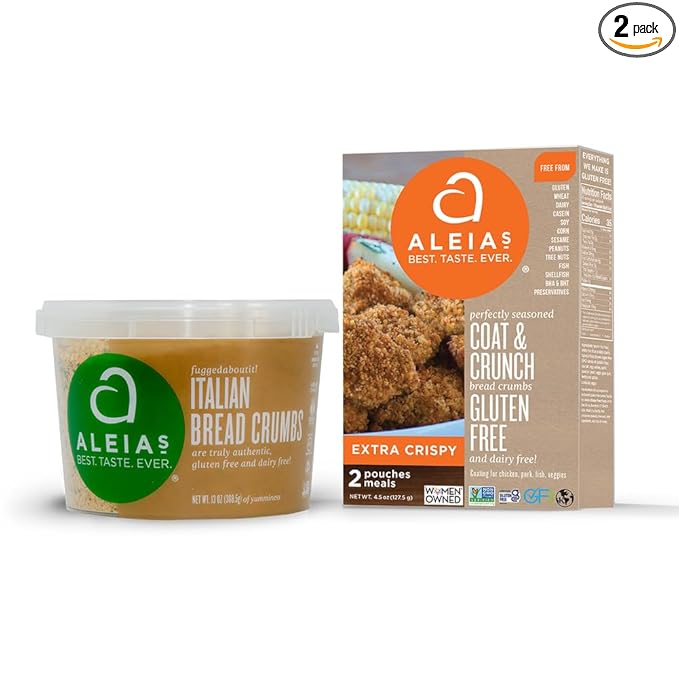 Aleia?셲 Gluten Free Coating & Breadcrumb Mix ??Assorted 2 Pack ??Includes Italian Bread Crumbs (13oz) & Extra Crispy Coating (4.5oz) ??Ideal for Meat, Seafood & Veggies ??Non-GMO, Dairy Free, Low Sodium, Kosher