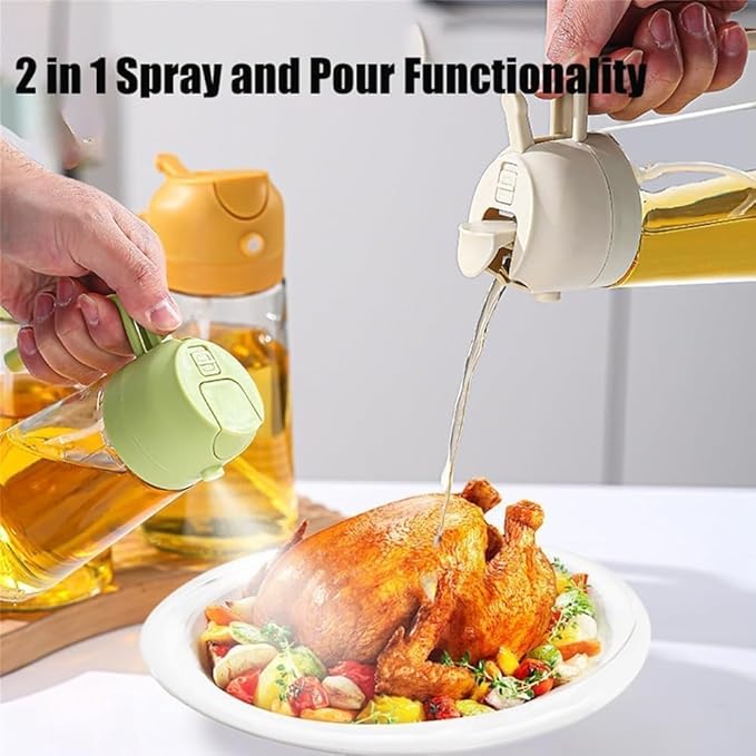 Oil Sprayer for Cooking 2 in 1, 470ml/16oz, Oil Spray & Dispenser Glass Bottle, Food-grade material for Kitchen, Salad Dressing, Frying, Air Fryer & BBQ (Green&CreamyWht)