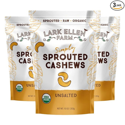 Lark Ellen Farm Unsalted Organic Raw Cashews, Sprouted, Air-Dried, Gluten-Free, Non-GMO, Vegan, Keto, Certified USDA, Peanut-Free Facility, Resealable Bag (10 oz, 3 pack)