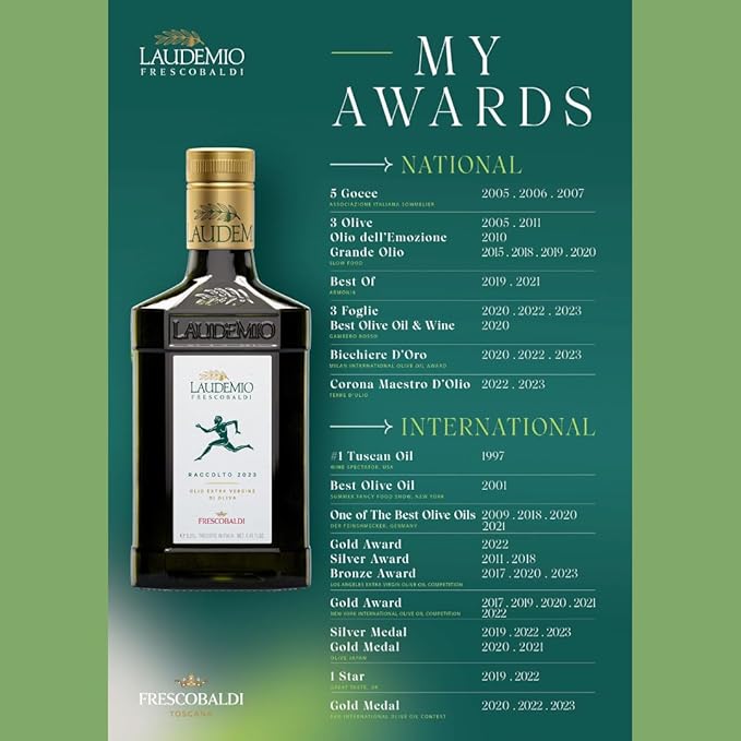 Frescobaldi Laudemio Extra Virgin Olive Oil, 8.45 FL Oz, 250ml, 2 Pack, Premium, Award Winning Product of Tuscany, Italy, Fruity & Peppery Flavor, Smooth & Robust Low Acidity, Rich in Polyphenols