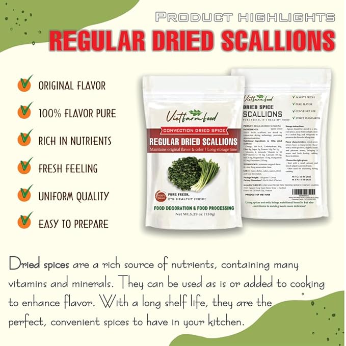 REGULAR DRIED SCALLIONS 5.29 Oz (150g) VIETFARMFOOD: Natural pure, convection dried seasoning made from real vegetable, fruit - perfect for adding flavor to meal, cooking, baking, salad, soup, sauce