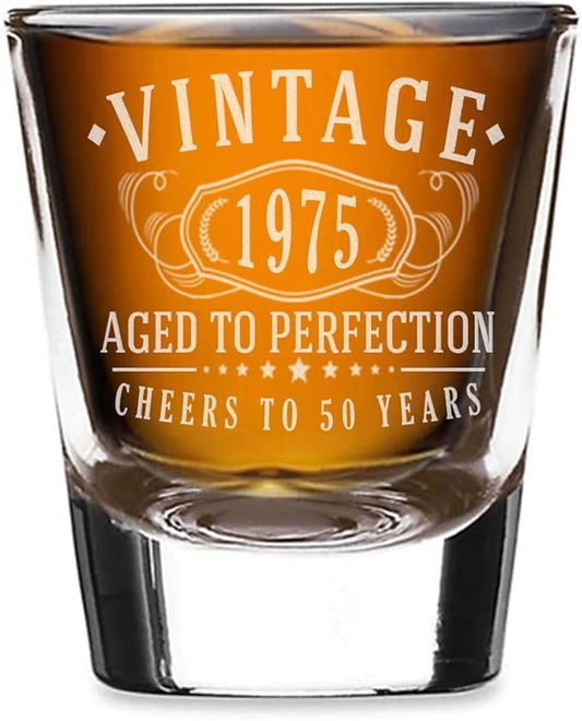 Vintage 1975 Etched 1.75oz 1pk Shot Glass - Happy 50th Birthday Gifts Women Men, Cheers to 50 Years, Turning 50 Year Old Woman Decorations Decor, Anniversary Bday Party Favors, Best Gift Ideas 1.0