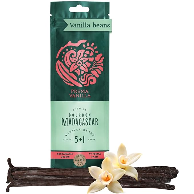 PREMA VANILLA Madagascar Vanilla Beans, Grade A Bourbon Pods For Making Vanilla Extract, Good For Cooking And Baking, Rich and Intense Aroma, Pack of 5 Beans Plus 1 Gift Bean
