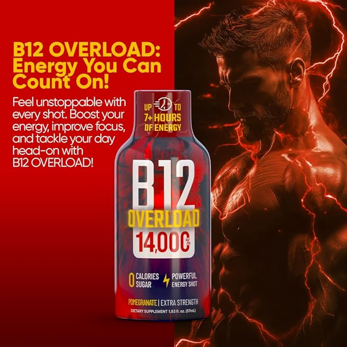 B12 Overload Extra Strength Energy Shot ??Pomegranate ??260mg Caffeine, 14000% B12, Electrolytes ??Energy & Vitality Support ??Zero Sugar No Calories ??Vegan, Kosher, Gluten-Free ??1.93 fl oz, 10-Pack