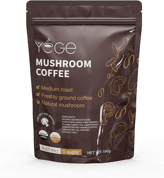 Mushroom Coffee, Instant Organic Mushroom Coffee with Cordyceps, Reish, King Trumpet, Shitake