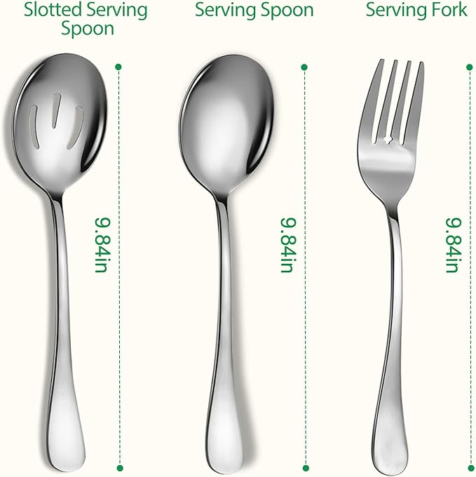 6 Piece Stainless Steel Serving Spoons Set, 10-Inch, Includes 2 Spoon/Slotted/Forks for Parties/Kitchen/Buffet/Catering, Dishwasher Safee