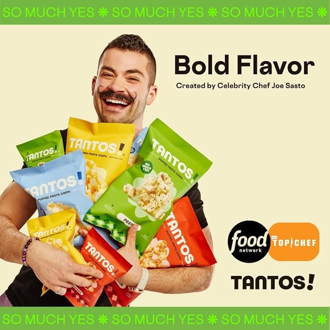 Tantos! Puffed Pasta Chips ??Healthy Pasta Snack by Top Chef Joe Sasto ??Plant-Based, Low Calorie, Crunchy Chips ??Variety Pack ??Marinara, Pesto, Cacio e Pepe, Classico ??Gourmet Bold Flavors (4 oz 6 Pack, Pesto)