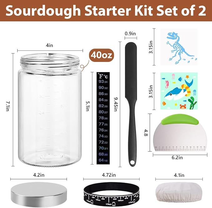 2 40oz Large Sourdough Starter Jar Glass Kit Wide Mouth with Silicone Spatula, Aluminum Lid, Cloth Cover, Date Marked Band, Thermometer, Stainless Steel Dough Scraper