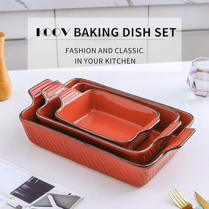KOOV Bakeware Set, Ceramic Baking Dish Set, Rectangular Casserole Dish Set, Lasagna Pans for Cooking, Cake Dinner, Kitchen, 9 x 13 Inches, Texture Series 3-Piece (3 Piece, White)