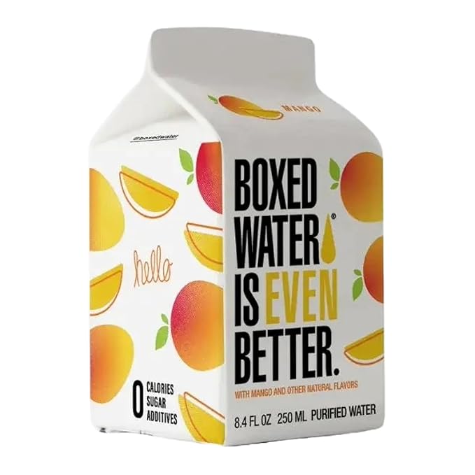 Mango Boxed Water 8.5 oz. (24 Pack) ??Better Than Premium Plastic, BPA-Free, Refillable Cartons, Sustainable Alternative, Mini Carton for Kids, Lunchbox Ready