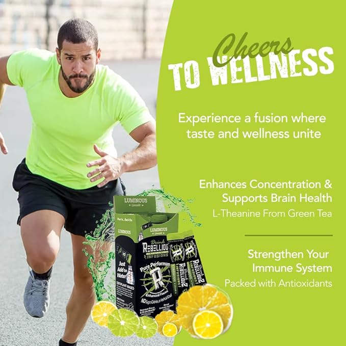 Rebellious Luminous Limeade Organic Drink Mix ??Zero Calorie Energy Drink Mix | Monk Fruit & Green Tea Extract | L-Theanine + Natural Caffeine | 100% Plant-Based | Pack of 10 | Keto,Gluten-Free
