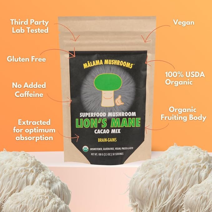 Malama Organic Mushroom Hot Cacao Mix, Lion's Mane Mushroom Powder with Fair Trade Cacao for Focus, Memory, & Immune Support ??Vegan Supplement & Superfood, Non GMO, 3.5 oz (50 Servings)
