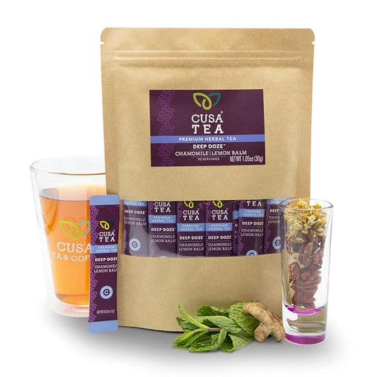 Cusa Tea & Coffee | Deep Doze Herbal Tea | Premium Caffeine Free Instant Tea | Hot & Iced Tea with No Added Sugar (30 Single Servings)