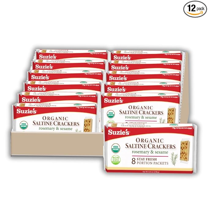 Suzie's Organic Rosemary Sesame Saltines Crackers|Healthy Gourmet Baked Vegan Snack for Adults & Children|Non GMO|12 Fresh Packs (96 individual Stay Fresh Packs) - 8.8oz Each