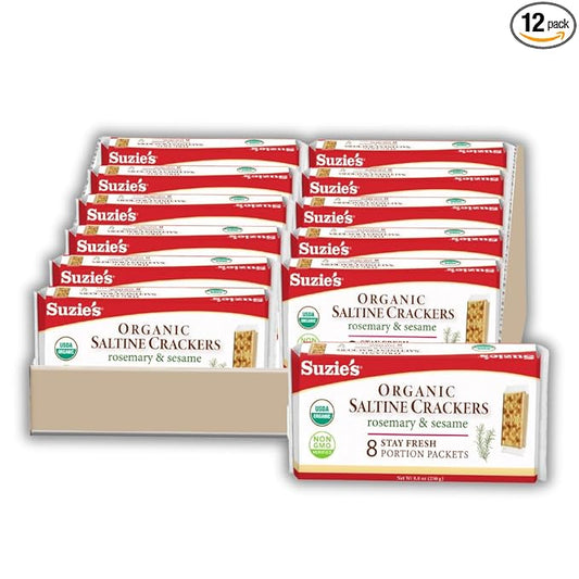 Suzie's Organic Rosemary Sesame Saltines Crackers|Healthy Gourmet Baked Vegan Snack for Adults & Children|Non GMO|12 Fresh Packs (96 individual Stay Fresh Packs) - 8.8oz Each