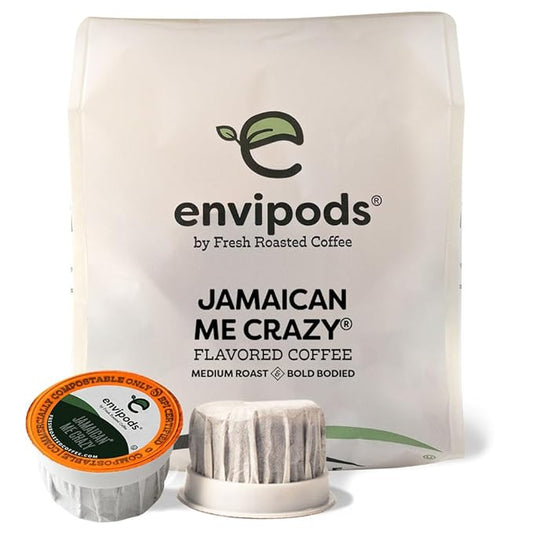 Fresh Roasted Coffee, Jamaican Me Crazy Flavored Compostable envipods, Medium Roast, Kosher, 12 Count,for Keurig K Cup Brewers | Not for use in Ninja or Hamilton Beach Brewers
