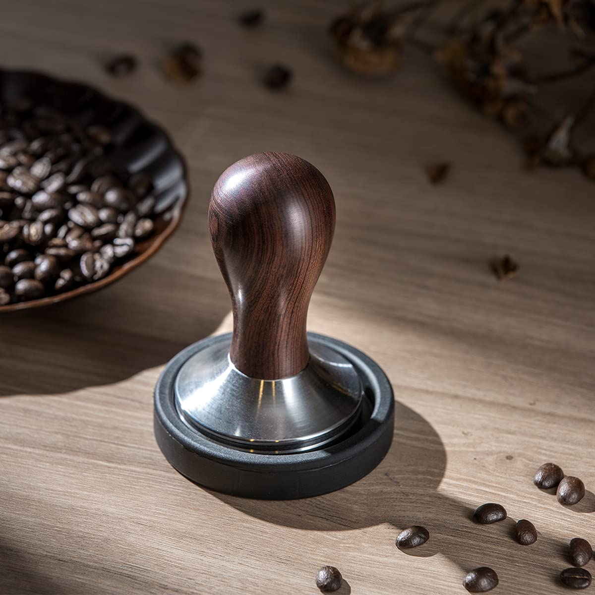USEAMIE Coffee Tamper Espresso Press with Tamper Mat 304 Stainless Steel Flat Base Wooden Handle