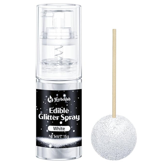 White Edible Glitter Spray - Herbeklab 15g Edible Glitter for Cakes, Food Grade Metallic Shimmer Powder, Edible White Spray for Cookie Decorating, Chocolate, Strawberries
