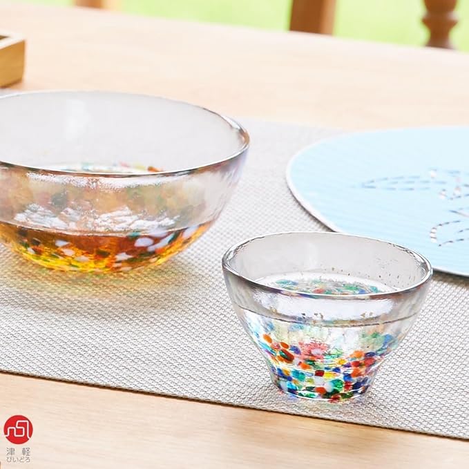 ADERIA Tsugaru Vidro Sake Glasses and Glass Sake Carafe Set [Four Seasons]: 1 Sake Carafe and 4 Sake Cups in Gift Box (Handmade in Japan)