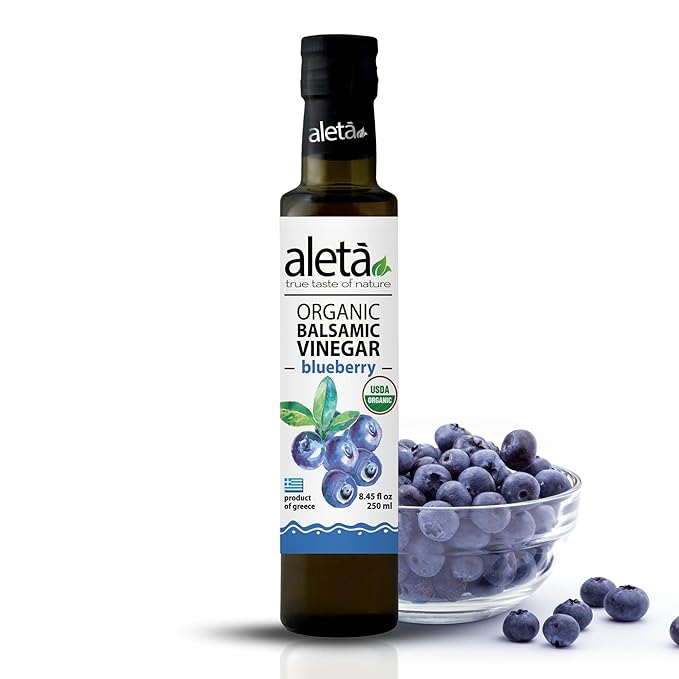 Aleta Farms Balsamic Vinegar, Greek Organic Blueberry Infused Aged Balsamic Vinegar, USDA Organic, Perfect for Salad Dressings, Pasta, Desserts & Cocktails, Glass Bottle, 8.45 fl oz (Blueberry)