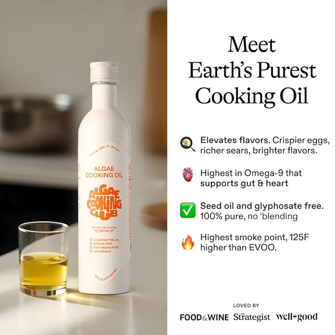 Algae Cooking Club Chef-Grade 100% Algae Cooking Oil - High Smoke Point 535째F - Rich in Omega-9, Neutral Buttery Flavor - Seed-Oil Free - Perfect for Searing, Baking, Frying & Dressings (16 fl oz)