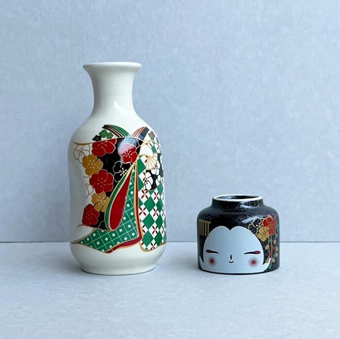 Japanese Traditional Kokeshi Design Sake Wine Soju Ceramic Set with 1 Ochoko Cup and 1 Tokkuri Bottle Gifts (Kokeshi Maiko Sakura)