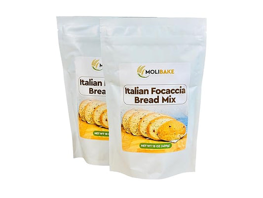 Molibake Italian Focaccia Bread Mix ??Pack of 2 ??Premium Artisan Italian Bread Mix for Bread Machine and Oven ??15 oz ??All-Natural Gourmet Mediterranean Blend with Bell Pepper, Tomato, Onion, Garlic & Herbs ??Easy Homemade Baking
