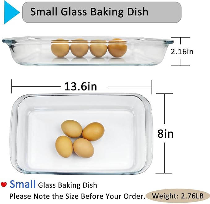 2L Rectangular Glass Baking Dish for Oven, 13.6in x 8in Borosilicate Glass Casserole Dish, Oven Safe Glass Baking Pan