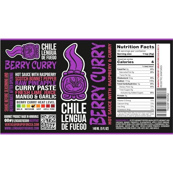 Chile Lengua de Fuego Berry Curry Hot Sauce – 1 Bottle – Scotch Bonnet, Mango, Blackberry & Curry Paste – Fruity, Spicy, Savory Blend – Artisan Honduran Sauce – All-Natural, Small Batch
