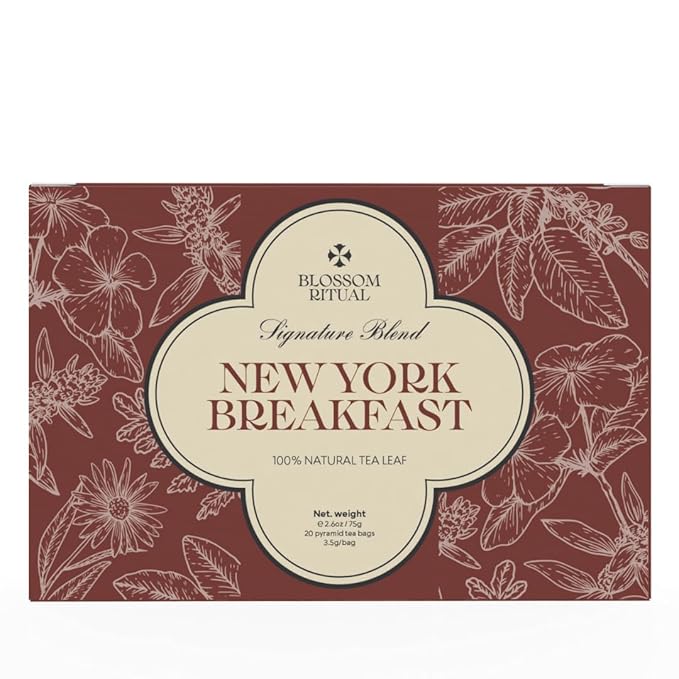 BLOSSOM RITUAL Newyork Breakfast – Strong & Smooth Black Tea with Caffeine – 20 Natural Based Pyramid Bags – Serve Upto 60 cups – Energizing Morning Tea Blend for Focus & Clarity – Resealable Zip Pouch| 2.65oz